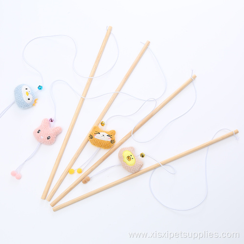 Wooden pole plush animal head cat teaser